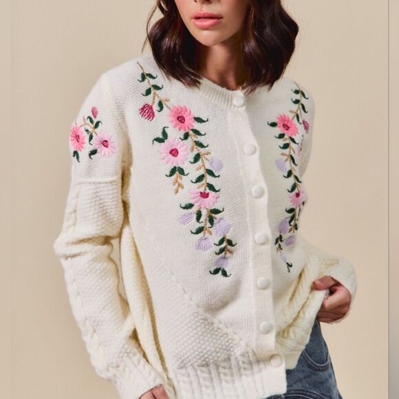 SO ME Floral Embroidered Coquette Cardigan Embroidered Cream Sweater - Picture 7 of 11